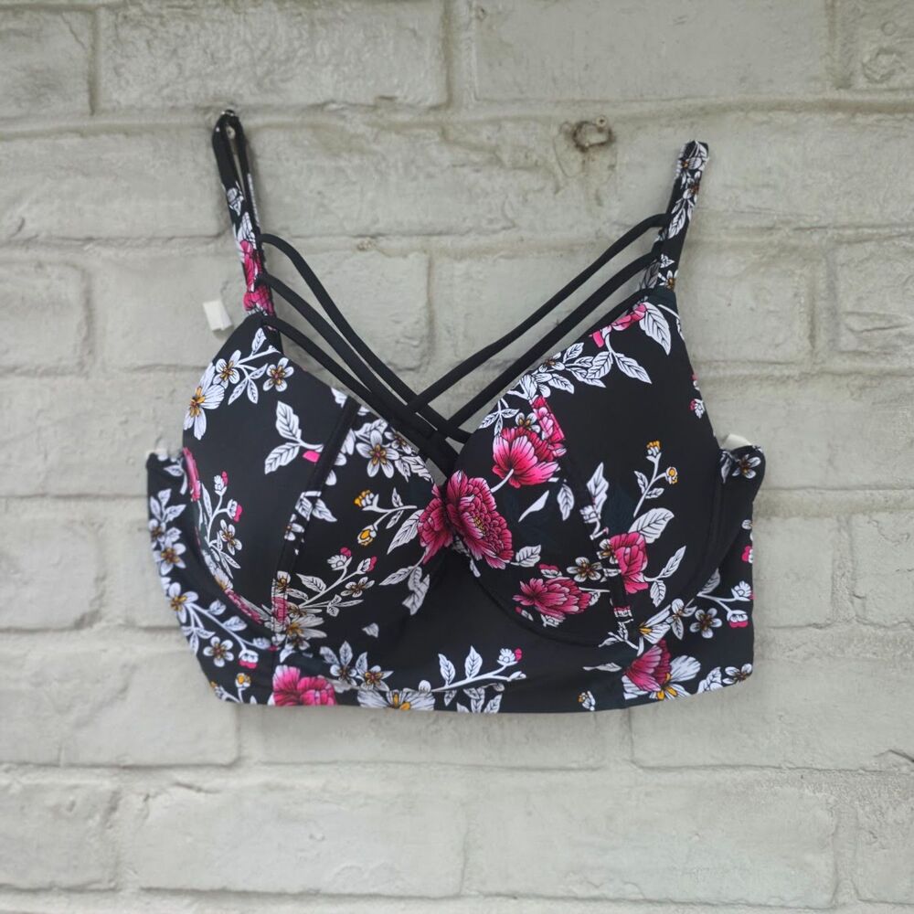 No Boundaries Black Floral Cage Strappy Push Up Bikini Swim Top Plus Size 2X